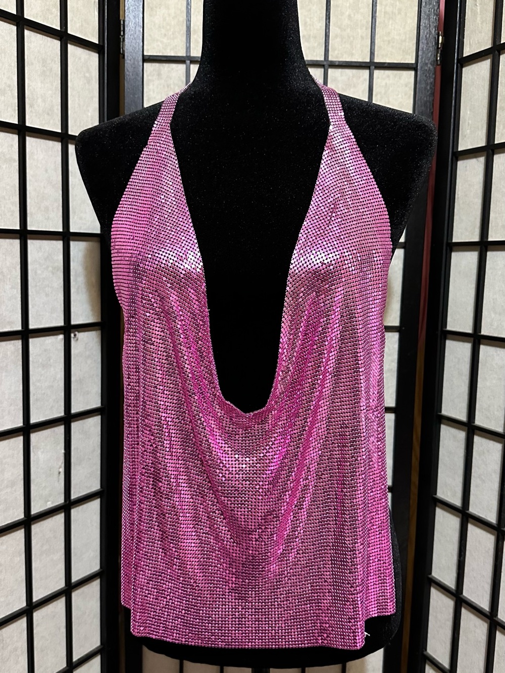 Pink Chainmail Halter Cowl Neck Backless Mesh Top